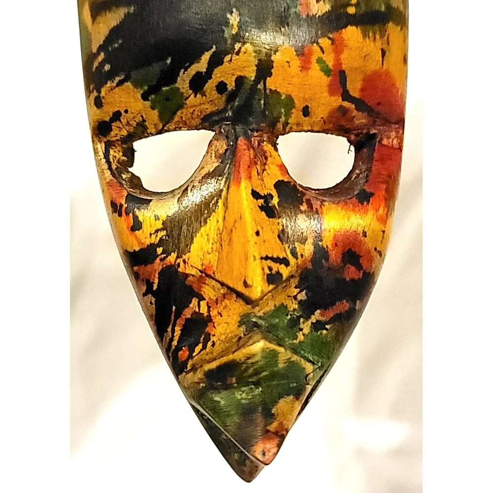 Colorful Africa Wooden Elongated Tribal Mask Hand Carved Wall Hanging Ghanaian